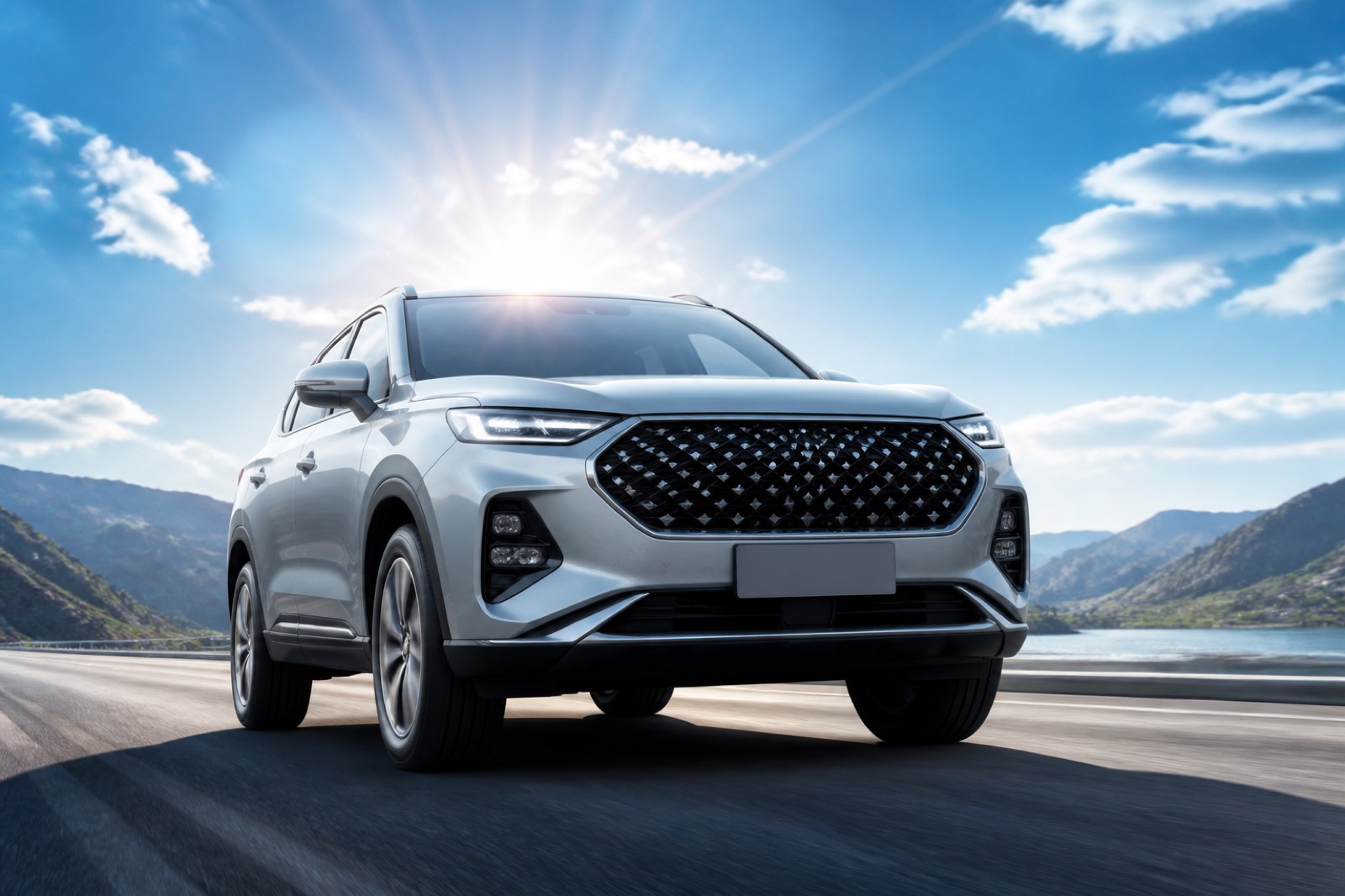 An SUV coming down the road in bright sunlight